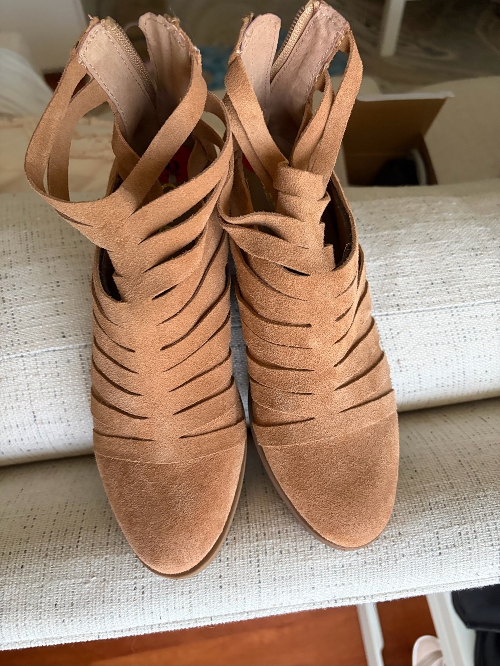 Carlos Santana Tan Suede Strappy Cutout Heeled Booties